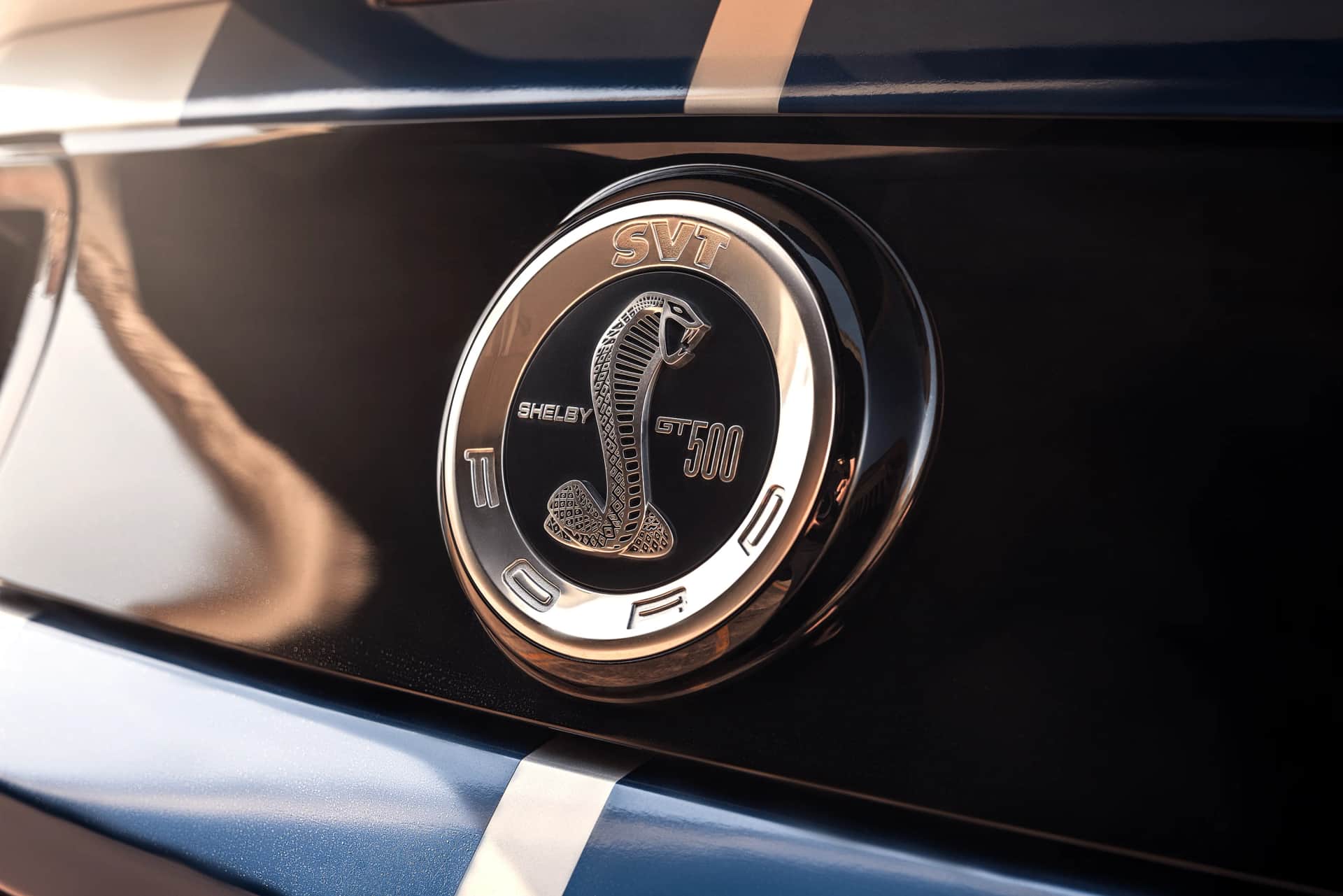 Nahaufnahme des Shelby GT500 Cobra-Emblems auf der dunklen Karosserie mit blauem Rennstreifen, glaenzendes Automotive-Detail