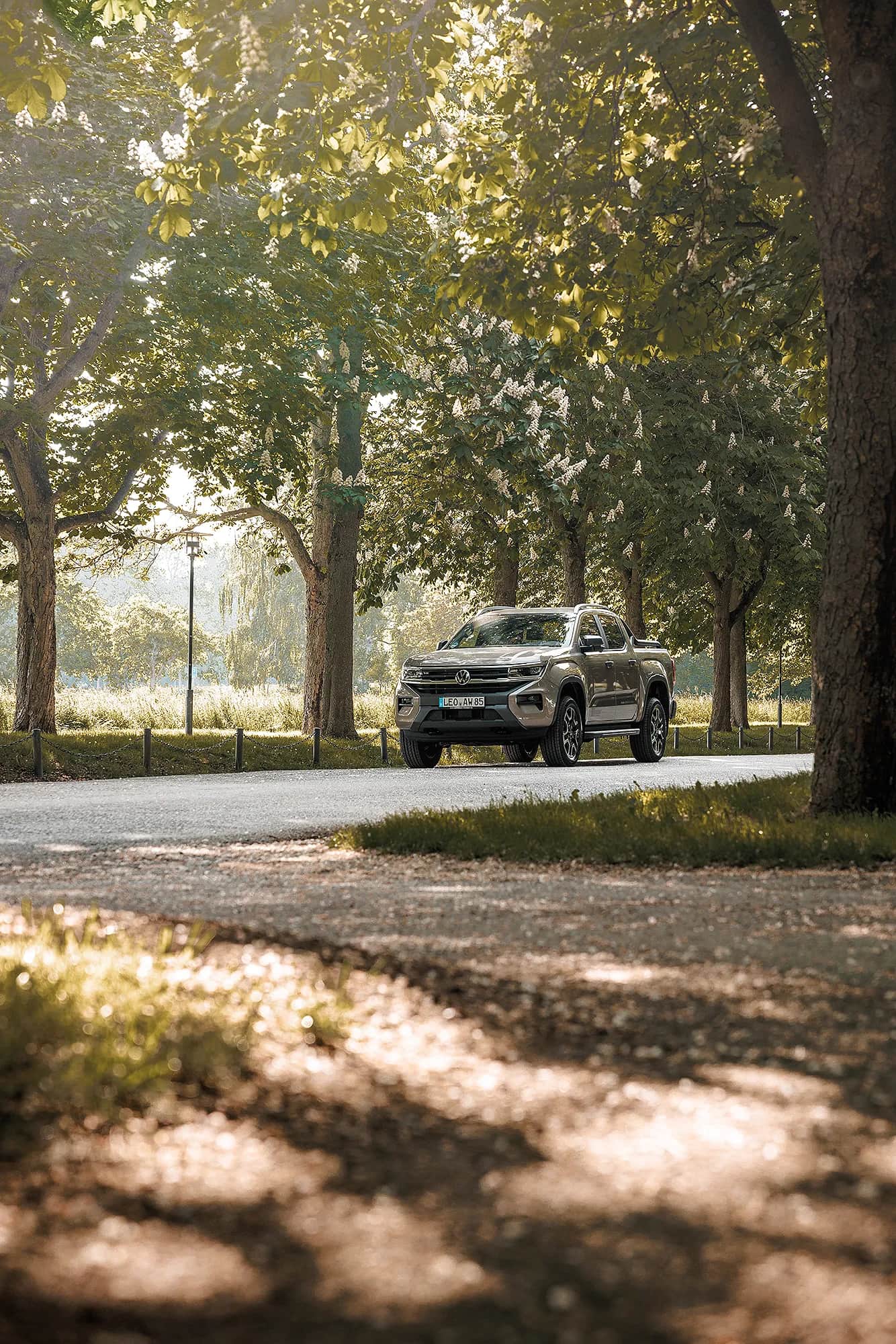 VW Amarok Pickup auf sonnendurchfluteter Allee, frontale Ansicht im Spiel von Licht und Schatten, atmosphaerisches Automotive-Shooting