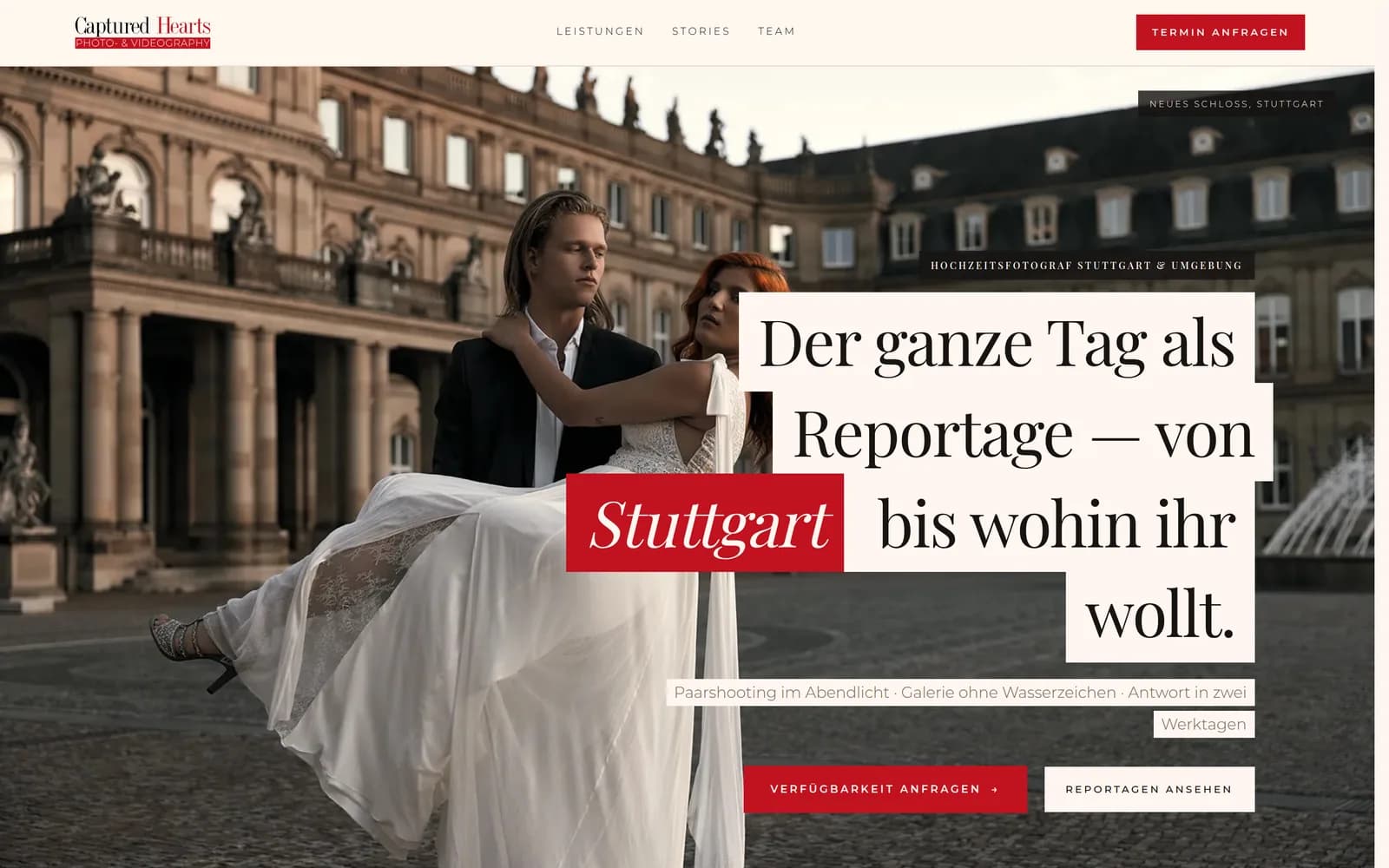 SEO-Landingpage Hochzeitsfotograf Stuttgart: Text auf eigenen Flaechen statt auf dem Foto